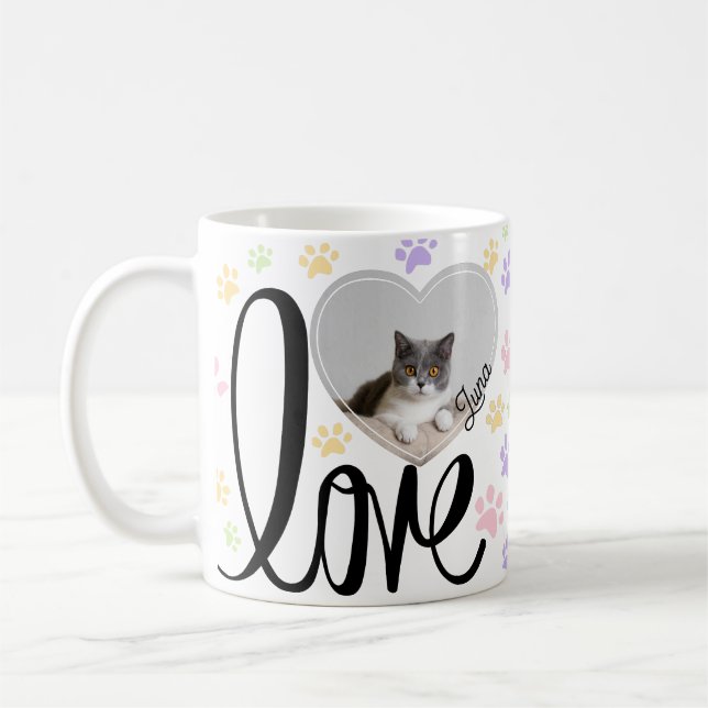 Cute Pet Cat Photo Heart & Paws Pattern  Coffee Mug (Left)