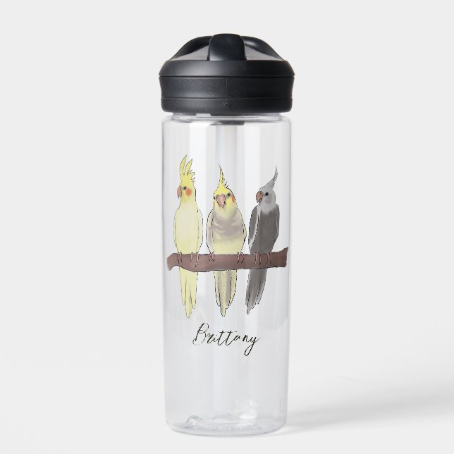 Cute Pet Cockatiels Flock Custom Name Water Bottle (Front)