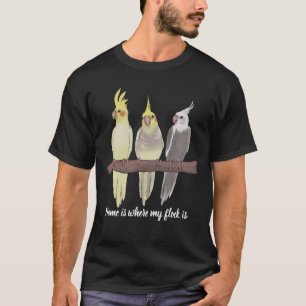 Cute Pet Cockatiels Flock on Perch Bird Lover  T-Shirt