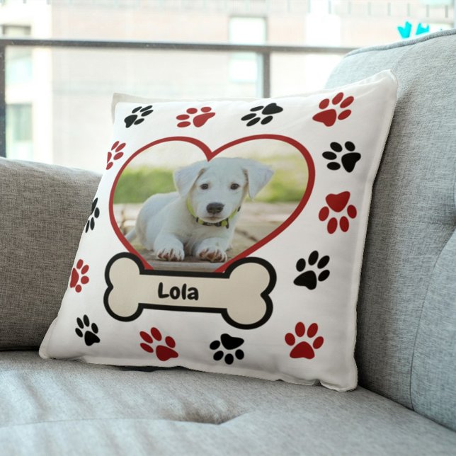 Cute Pet Dog Photo Heart Red & Black Paws Pattern Cushion (Creator Uploaded)