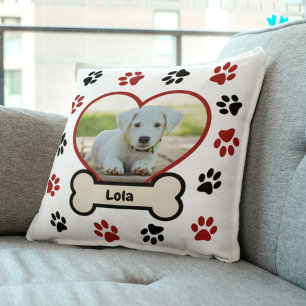 Cute Pet Dog Photo Heart Red & Black Paws Pattern Cushion