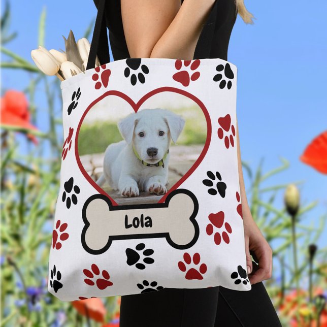 Cute Pet Dog Photo Heart Red & Black Paws Pattern Tote Bag (Creator Uploaded)