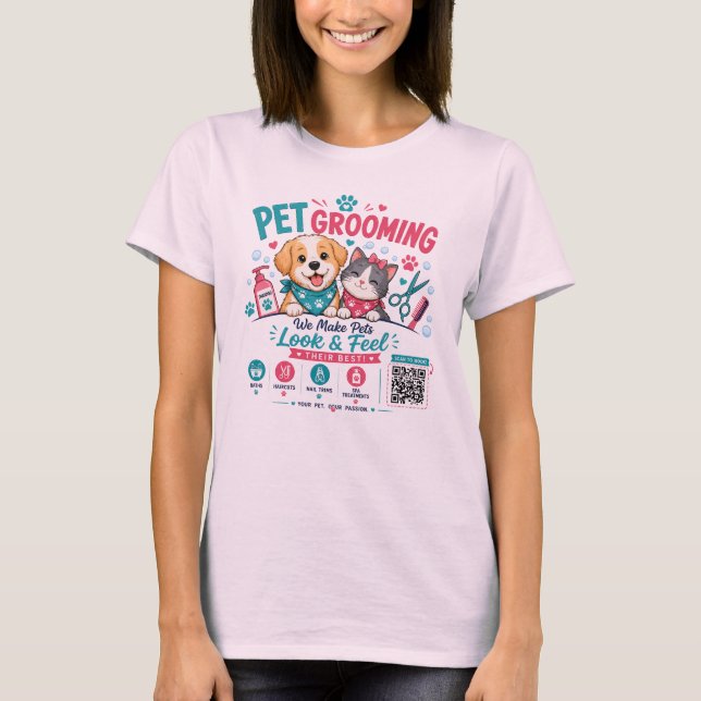 Cute Pet Grooming T-Shirt with QR Code  (Front)