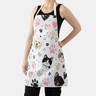 Cute Pet Lover Apron with Cats, Dogs, Paw Prints 
