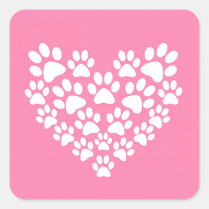 Cute Pet Lover White Pink Heart Paw Print Square Sticker
