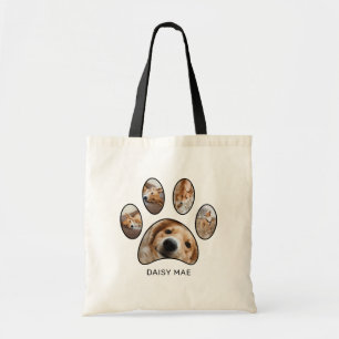 Cute Pet Lovers Gold Paw Print Name Photo Collage Tote Bag