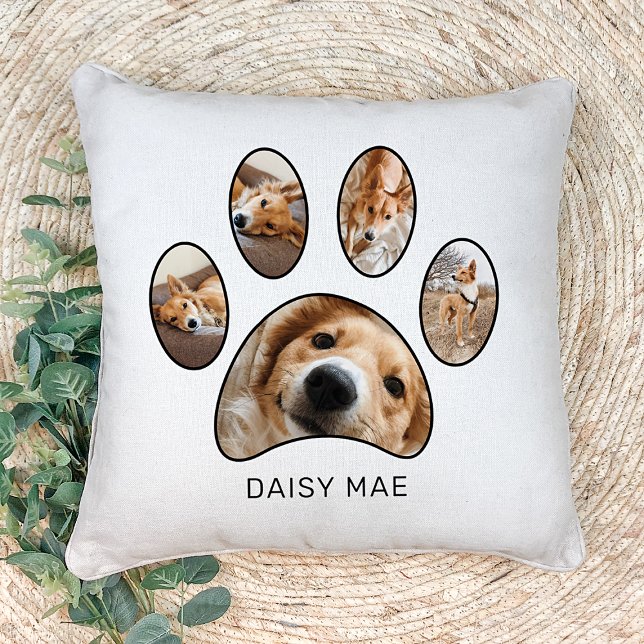 Cute Pet Lovers Paw Print Name Photo Collage Cushion (Creator Uploaded)