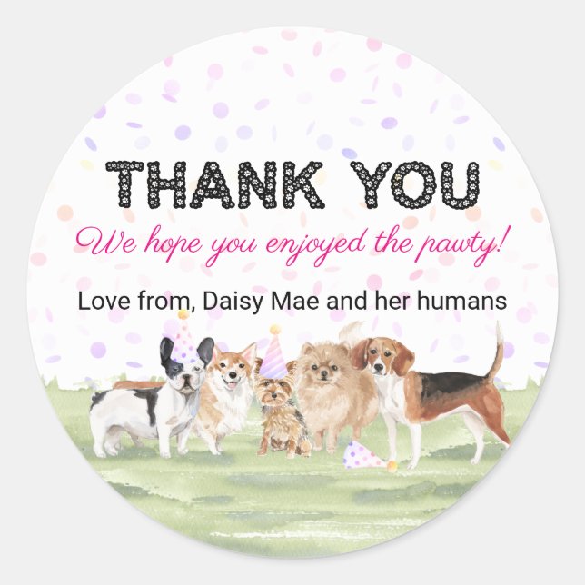 Cute Pet Pawty Pink Custom Dog Birthday Party Classic Round Sticker (Front)