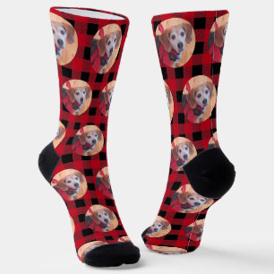 Cute Pet Photo Black Red Buffalo Plaid Christmas  Socks