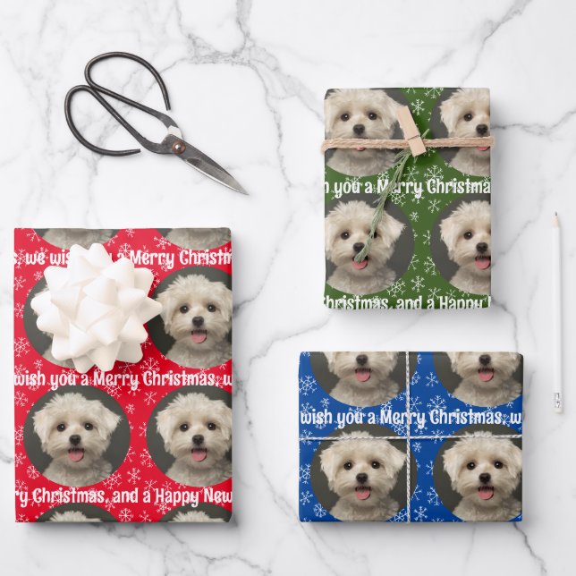 Cute Pet Photo Pattern Snowflakes Merry Christmas Wrapping Paper Sheet (Front)