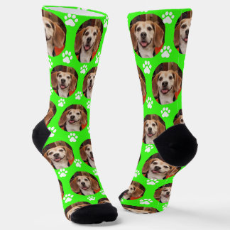 Cute Pet Photo & Paw Prints Bright Green Dog Cat Socks