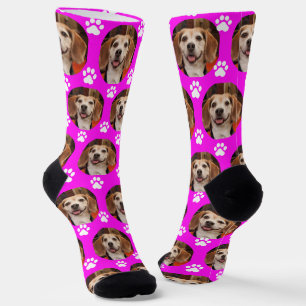 Cute Pet Photo & Paw Prints Bright Pink Dog Cat  Socks