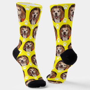 Cute Pet Photo & Paw Prints Bright Yellow Dog Cat  Socks