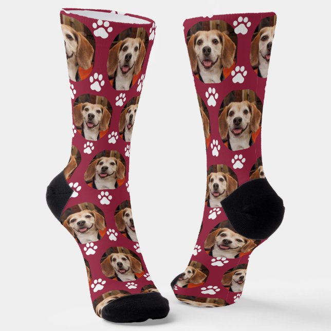 Cute Pet Photo & Paw Prints Cardinal Red Dog Cat  Socks (Angled)