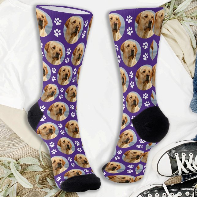 Cute Pet Photo Paw Prints Custom Purple Dog Face Socks (Creator Uploaded)