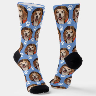 Cute Pet Photo & Paw Prints Dog or Cat Dusty Blue Socks