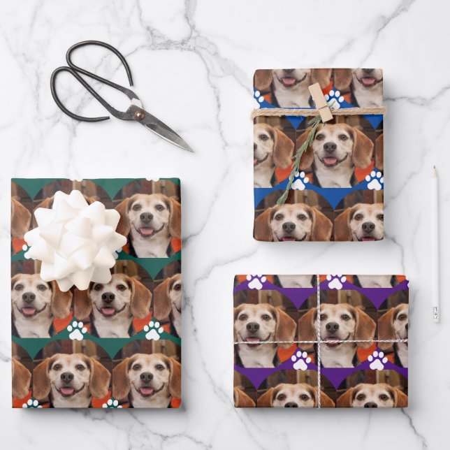 Cute Pet Photo & Paw Prints Jewel Colours Wrapping Paper Sheet (Front)