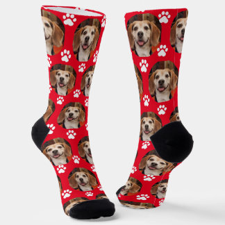 Cute Pet Photo Red & White Paw Prints Custom Socks