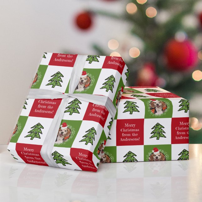 Cute Pet Photo Santa Hat Red Green Wrapping Paper (Creator Uploaded)