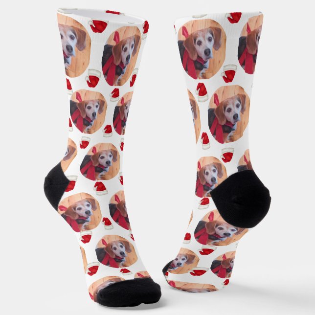 Cute Pet Photo & Santa Hats White Christmas Socks (Angled)
