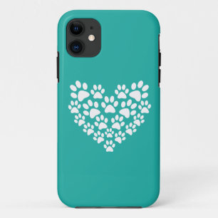 Cute Pet Simple Turquoise Teal Paw Print Heart iPhone 11 Case