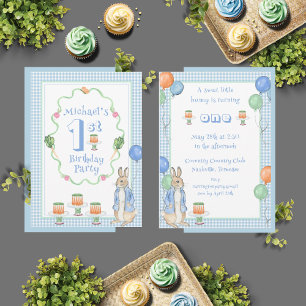 Cute Peter Rabbit Blue 1st Birthday Party Invitation