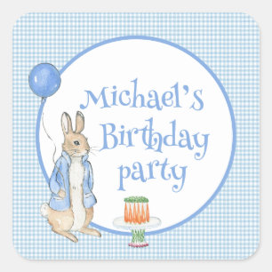 Cute Peter Rabbit Blue Personalised Birthday Party Square Sticker