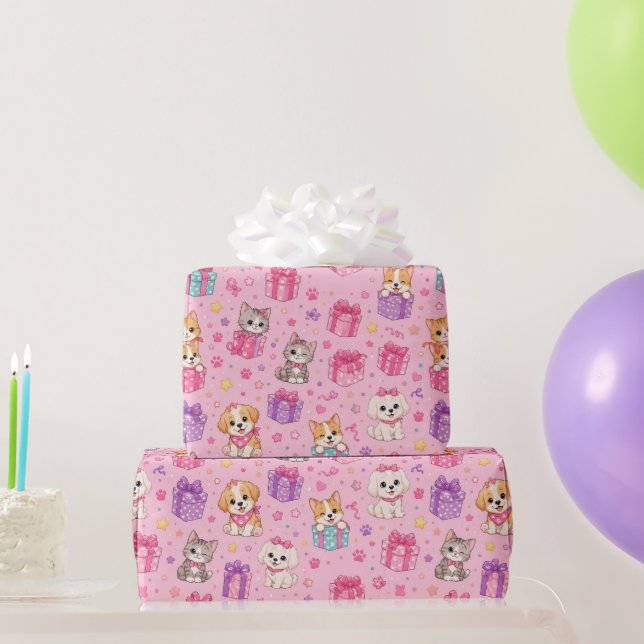 Cute Pets & Gifts Seamless Pattern on Pink Wrapping Paper (Party Gifts)