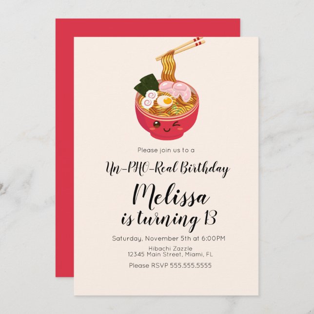 Cute Pho Oriental Birthday Dinner Restaurant  Invitation (Front/Back)