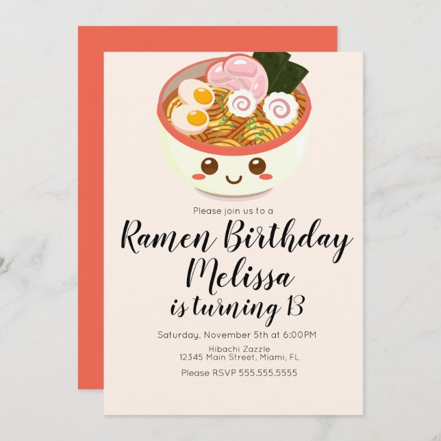 Cute Pho Oriental Ramen Birthday Dinner B Invitation (Front/Back)