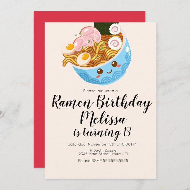 Cute Pho Oriental Ramen Birthday Dinner  Invitation (Front/Back)