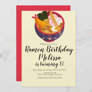 Cute Pho Oriental Ramen Birthday Dinner Purple Red Invitation