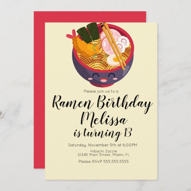 Cute Pho Oriental Ramen Birthday Dinner Purple Red Invitation (Front/Back)