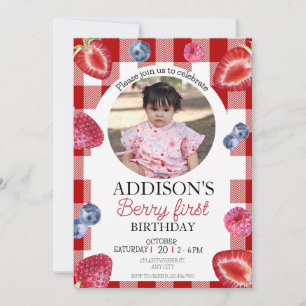 Cute Phooto Red Blue Berry Sweet 1st Birthday Invitation