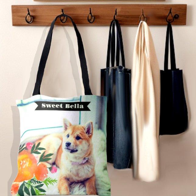 Cute photo and flowers tote bag (All over custom photo with flowers on top ,and personalized name banner)
