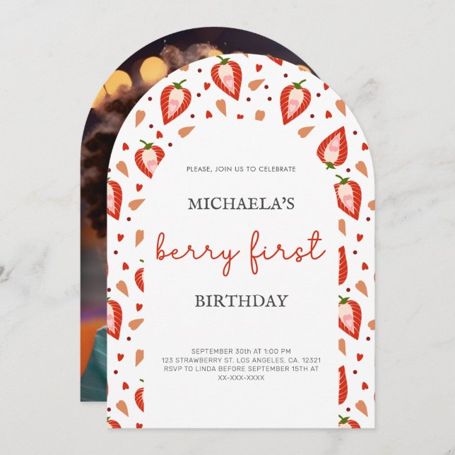 Cute Photo Berry First Birthday Arch Invitation (Front/Back)