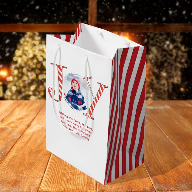 Cute Photo Christmas Joy Personalised  Medium Gift Bag (Joy typography custom photo gift bag.)