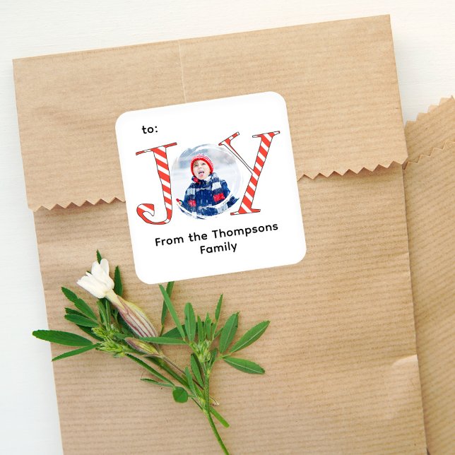 Cute Photo Christmas Joy Typography Square Sticker (Whimsical Gift tag sticker with cute typography.)