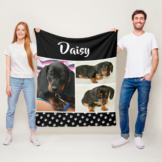 Cute Photo Collage Pet Dog Name Fleece Blanket (In Situ)