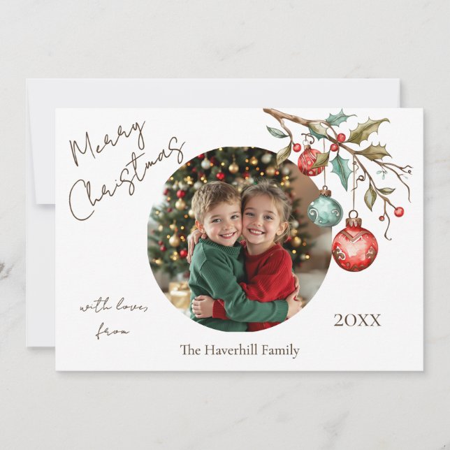 Cute Photo Elegant Script Watercolor Christmas  Holiday Card (Front)