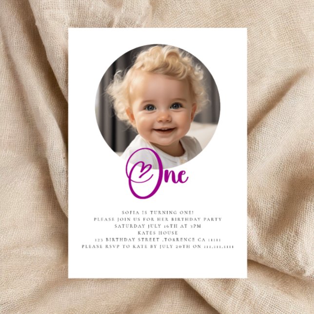 Cute photo first birthday party invitation (minimalistic photo first birthday invitation with heart text, cute modern and simple)