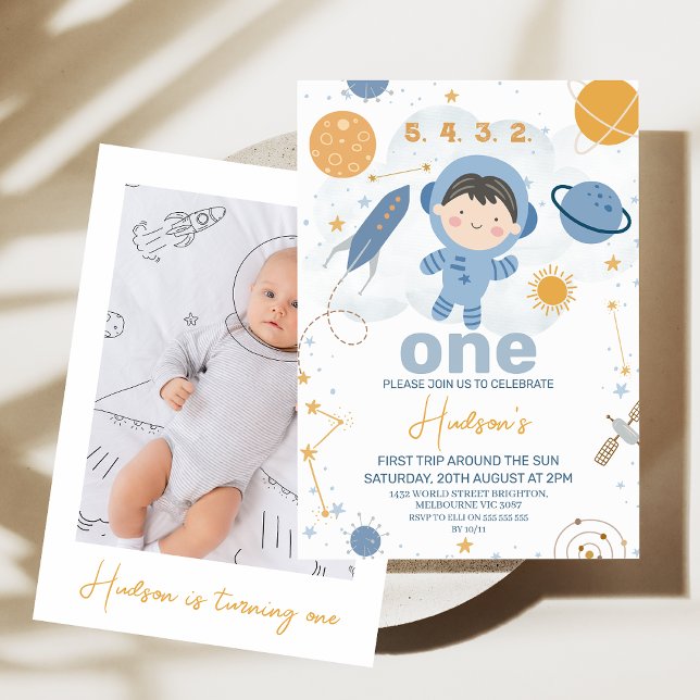 Cute Photo First Trip Around the Sun 1st Birthday Invitation (Cute Blue Orange First trip Around the Sun 1st Birthday Invitation Boy Photo, Outer Space Invite)