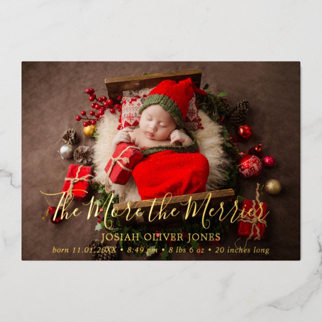 Cute Photo Gold Foil Christmas Birth Announcement (Front)