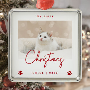 Cute Photo Kitten 1st Christmas Paw Prints Red Metal Tree Decoration
