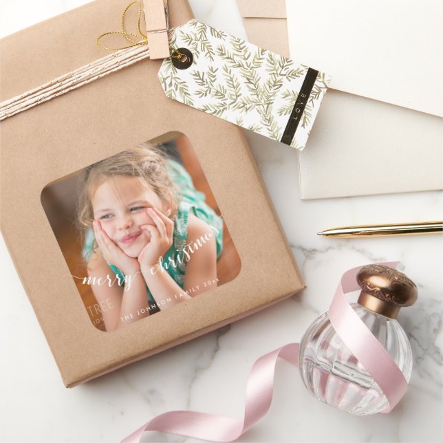 Cute Photo Merry Christmas Square Stickers (Gifting)