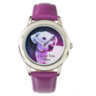 Cute Photo of White Puppy Dog Purple I Love You Watch