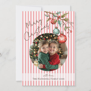 Cute Photo Pink Stripes Watercolor Merry Christmas Holiday Card