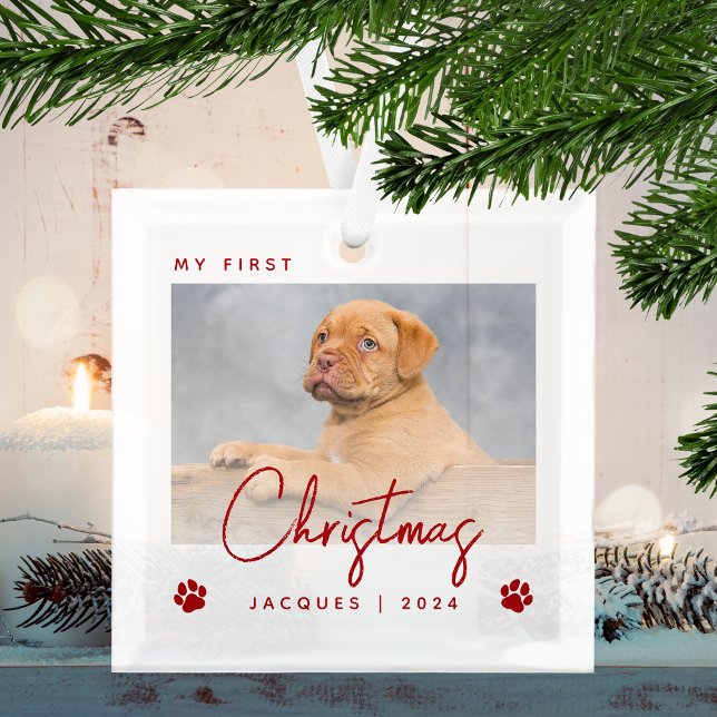 Cute Photo Puppy 1st Christmas Paw Prints Red Glass Tree Decoration (Creator Uploaded)