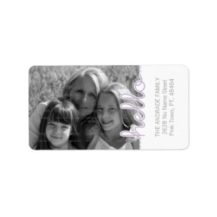 Cute Photo Purple White Hello Cutout Vertical Text Label