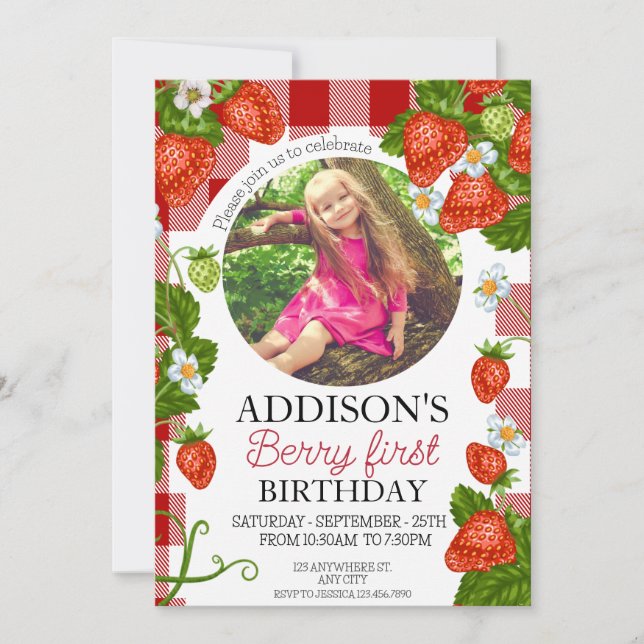 Cute Photo Red Blue Berry Sweet 1st Birthday Invitation (Front)